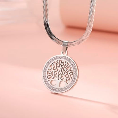 Dreamtimes Tree of Life Necklace for Women Stainless Steel Gold Color Clear Zircon Round Pendant Neck Chains Family Tree Fashion Charm Luxury Jewelry Wedding Gift - color: SILVER-2