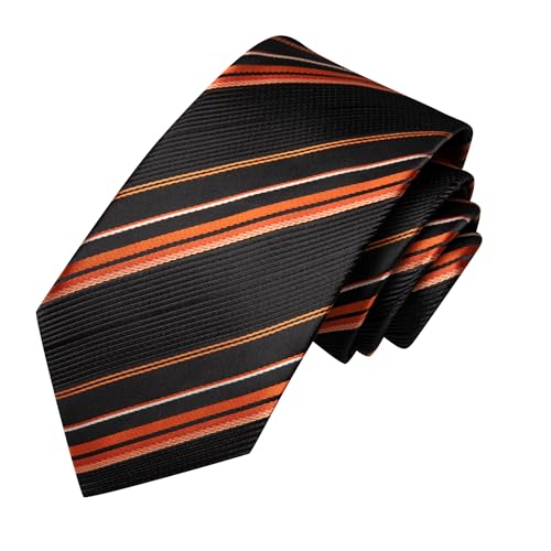 Hi-Tie Men's Silk Ties Formal Woven Classic Necktie Pocket Square Cufflinks Lapel Pin Set Wedding Business - color: Black and Deep Orange