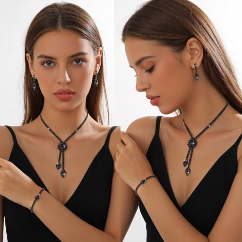 4 Pieces Cubic Zirconia Wedding Jewelry Sets for Bride Rhinestone Bridal Jewelry Set Necklace Bracelet Earring Ring for Brides Bridesmaid for Wedding Party - color: 3 PCS-Black