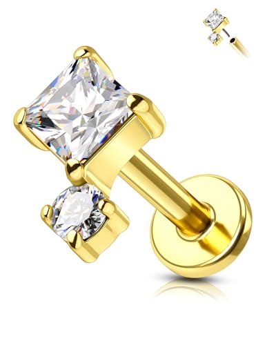 COCHARM 16G Threadless Labret Stud Earrings Flat Back Helix, Tragus, Cartilage,Conch Piercing Jewelry Square CZ Push Pin Lobe Stud 6mm 8mm 316L Steel Silver, Gold - color: Gold, size: 1.2x6mm