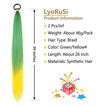 Braided Ponytail Extension 2 Pc Green Yellow Gradient Rave Hair Extensions | Long Braided Ponytail Extension With Hair Tie, Straight Wrap with Braid Ponytail Extension 26 Inch Synthetic Hair Pieces - color: Green Yellow gradient#（Green/Yellow）, size: 26 I