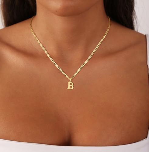 Gold Plated Initial Necklace for Men Letter Pendant Cuban Link Chain | Stainless Steel 4mm 20 Inch Chain Non Tarnish 14K A-Z Capital Name Charm Custom Jewelry Gift - color: B