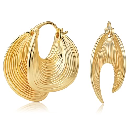 Small Hoop Earrings for Women Wide Half Huggie Hoops Chunky Hoop Earrings 18K Real Gold Plated 925 Sterling Silver Hammered Hypoallergenic Lightweight - color: QIHP-21-BagGold