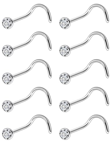 ASTM F136 Titanium Nose Rings 18G 20G 22G Jeweled Clear Cubic Zirconia Nose Studs Ring Screw L-Shaped Bone Hypoallergenic Body Piercing Jewelry for Women 1.5mm 2mm 2.5mm 3mm 10PCS - style: Screw:20G(0.8mm)-1.5mm CZ