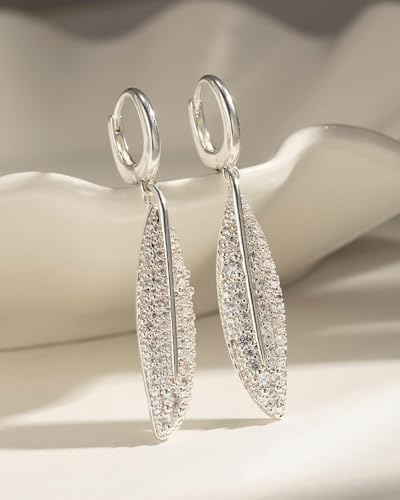 14K Gold Plated/Sterling Silver CZ Pearl Drop Dangle Earrings for Women - color: Silver-Leaf CZ