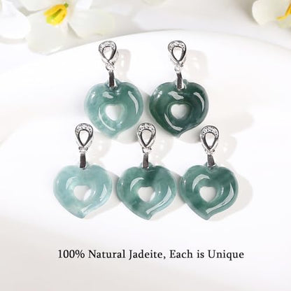 Real Green Jade Pendant Necklace for Women Donut/Heart/Clover/Teardrop/Rose/Lotus Flowers Genuine Jadeite Jewelry with Gold Plated 925 Sterling Silver Chain - style: Peach Silver Necklace