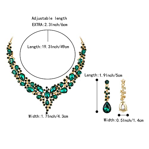 Women's Wedding Statement Necklace Dangle Earring Jewelry | Austrian Crystal Teardrop Cluster,Necklaces Earrings Set for Bride Bridesmaid,Prom Accessories - color: 22-Emerald Color Gold-Plated-Base