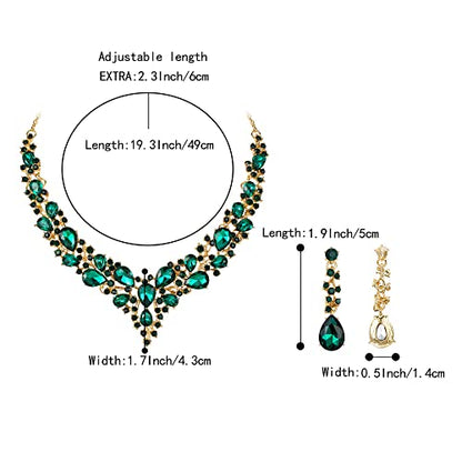 Women's Wedding Statement Necklace Dangle Earring Jewelry | Austrian Crystal Teardrop Cluster,Necklaces Earrings Set for Bride Bridesmaid,Prom Accessories - color: 22-Emerald Color Gold-Plated-Base