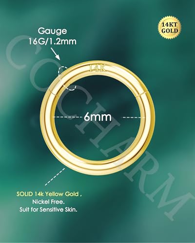 14K Solid Gold Nose Rings, Yellow Gold, 18g/16g/20g | For Women Man, Real Gold, 14Kt, Tiny Seamless Hoop, Nose Piercing, Cartilage Earring, Hypoallergenic - color: HoopA, size: 16g- 6mm
