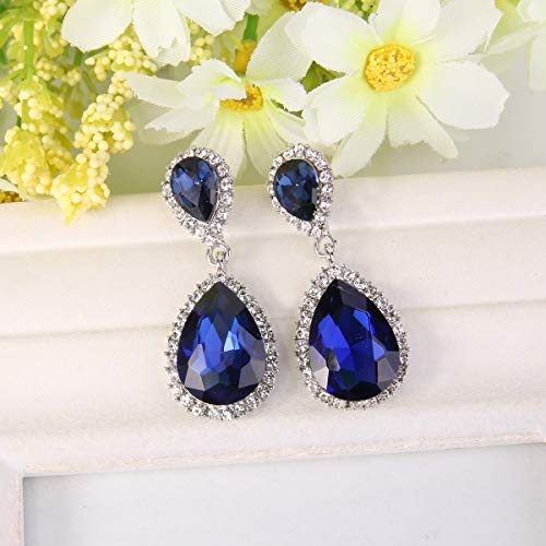 EVER FAITH Women's Austrian Crystal Wedding Tear Drop Dangle Earrings | Bridal Prom Jewelry for Bride Bridesmaid - color: Navy Blue