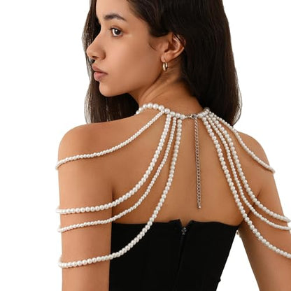 Multi-layer Pearl Tassel Shoulder Chain Necklace for Women Layered Beaded Shoulder Body Jewelry Rave Pearl Arm Chain - color: White