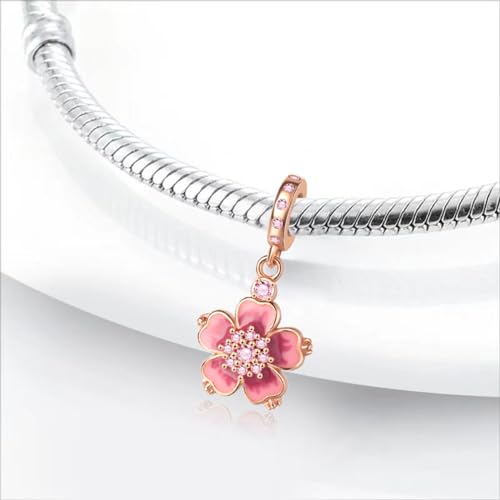 Charm for Bracelets and Necklaces Heart Cat Flower Boy 925 Sterling Silver Bead Birthday Jewelry Gift for Women - color: Pink Flower Charm