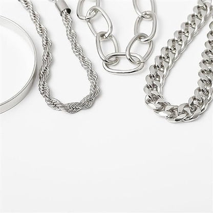 Dainty Boho Chain Bracelets Set for Women Adjustable Fashion Beaded Chunky Flat Cable Chain Punk Bracelets for Women Gift Set of 4 - color: Silver