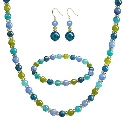 Beaded Necklaces for Women 3Pcs Colorful Boho Gemstone Bead Choker Summer Natural Stone Surfer Beach Bead Necklace Bracelets Earring Set Handmade Jewelry for Women Gift Jewelry Sets - color: Green/Blue