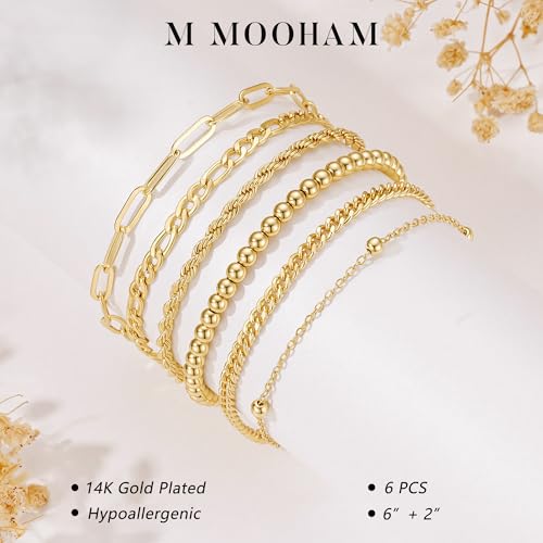 M MOOHAM Gold Bracelets Set for Women No Tarnish | 14K Gold Plated, Dainty Stackable Bracelets Stack for Women, Herringbone Paperclip Rope Cuban Chain Bracelet Set Stack - color: 4.Rope Beaded Set