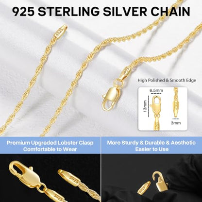925 Sterling Silver Chain Necklace for Women, 2mm Rope Chains 14K Gold Plated Chain for Women Shiny Women's Chains Necklace 16 18 20 22 24 26 Inch - color: 14K Gold Plated