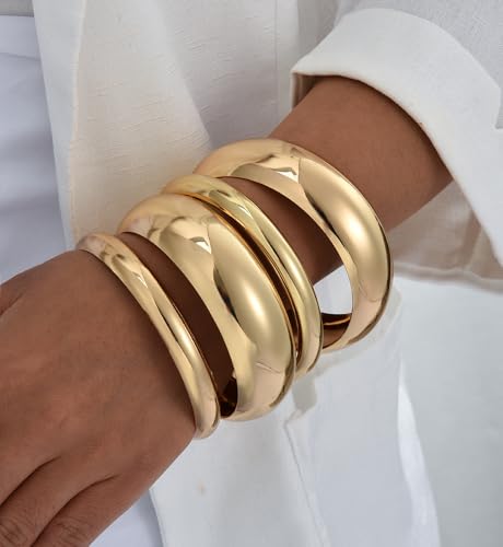 Chunky Gold Bangle Bracelets for Women, Dainty 14k Gold Plated Big Stackable Bangles Set, Trendy Statement Cuff Bracelet Stack Fashion Jewelry Gifts - style: 4 chunky gold bangles