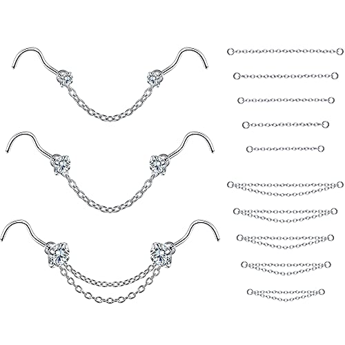 PunkTracker 20G Nose Rings 2mm 2.5mm 3mm CZ Nose Studs | with Chains Surgical Steel Nose Piercing Jewelry Nose Ring Studs - style: Silver, Nose Screw