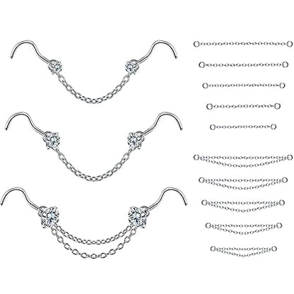 PunkTracker 20G Nose Rings 2mm 2.5mm 3mm CZ Nose Studs | with Chains Surgical Steel Nose Piercing Jewelry Nose Ring Studs - style: Silver, Nose Screw