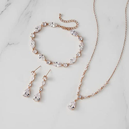 SWEETV Bridal Wedding Jewelry Set for Brides,Teardrop Bridesmaids Jewelry Set - color: 02.Rose Gold
