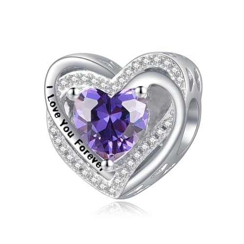 Heart Birthstone Charms for Bracelets, 925 Sterling Silver Women Bead Charms for Charm Bracelets Necklace, Mother's Day Birthday Anniversary Jewelry Gifts for Wife Mom Grandma Daughter - style: Bead - Feb - Amethyst