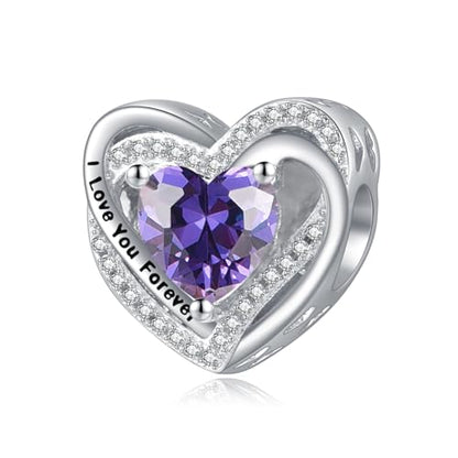 Heart Birthstone Charms for Bracelets, 925 Sterling Silver Women Bead Charms for Charm Bracelets Necklace, Mother's Day Birthday Anniversary Jewelry Gifts for Wife Mom Grandma Daughter - style: Bead - Feb - Amethyst