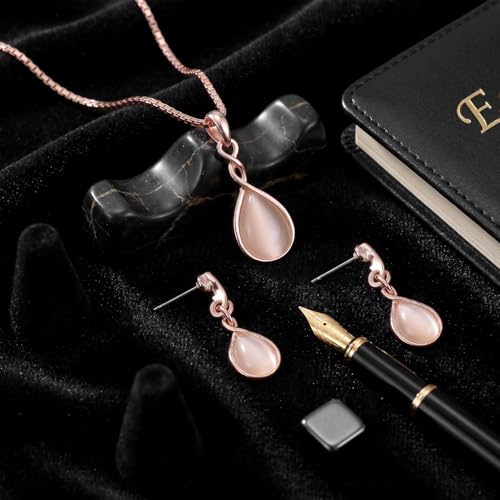 Amabro Teardrop Pendant Rose Gold Necklaces Earrings Jewelry Sets for Women | Pink Opal Water Drop Necklace & Earrings Adjustable Accessories Wedding Birthday Prom Formal Brides Bridesmaid