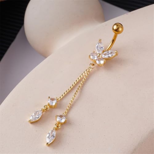14G CZ Butterfly Tassel Dangle Belly Button Rings for Women Hypoallergenic Stainless Steel Navel Ring 3/8 Inch Belly Piercing Barbell Dainty Navel Piercing Jewelry - color: Gold
