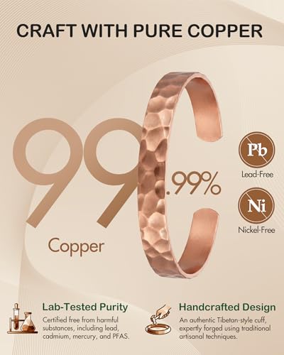 Feraco Pure Copper Bracelets for Men & Women, 99.99% Copper Tibetan Cuff | Adjustable Handmade Jewelry Gift, Hammered