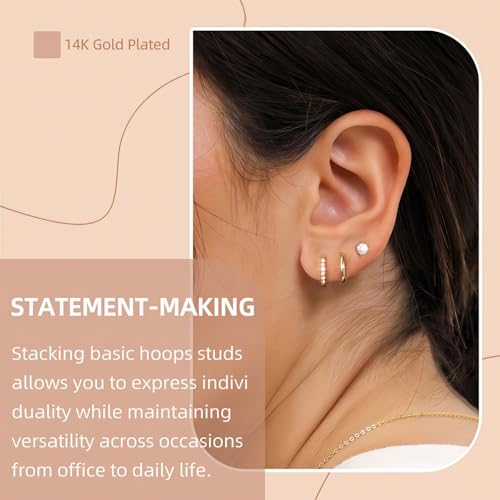 Small Gold Hoop Earrings Set for Women: Diamond-Shine Cubic Zirconia Stud Earrings - 14K Gold Plated Hypoallergenic Non-Tarnish, Stack Mini Cute Trendy Statement Earrings Gift (3 Pairs) - color: 3 Pairs/Gold/Small