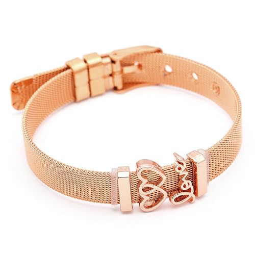 Stainless Steel Mesh Bracelet Wristband 8mm Wide Cuff Bangle Watch Band Style with Adjustable Buckle Mesh Link Chain for Slide Charms Jewelry Making 2 PCS - color: Rose Golden