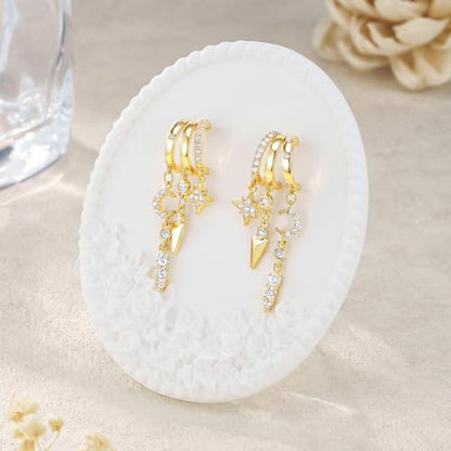 Cicy Bell Gold Earrings For Women 18k Gold Plated Triple Dangle Earrings | Hypoallergenic Drop Huggie Earrings Small Hoop Statement Chain Tassel Earrings Trendy Jewelry Gifts - color: Style A-Gold