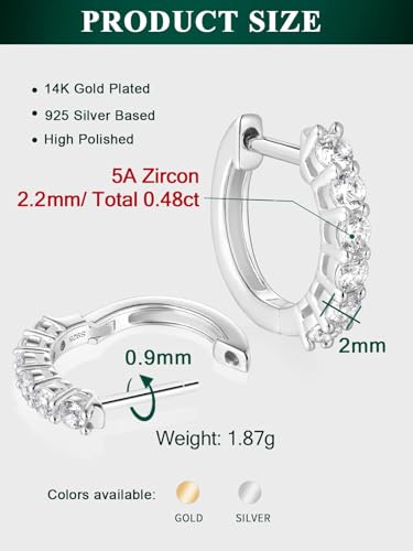 Chunky Emerald Sapphire Ruby Hoop Earrings, Princess or Round Cut, 14k Yellow Gold Plated Sterling Silver Cubic Zirconia Huggie Earings Minimalist Hoops Earrings for Women Wedding Daily Birthday - style: Round cut -5a CZ -Silver