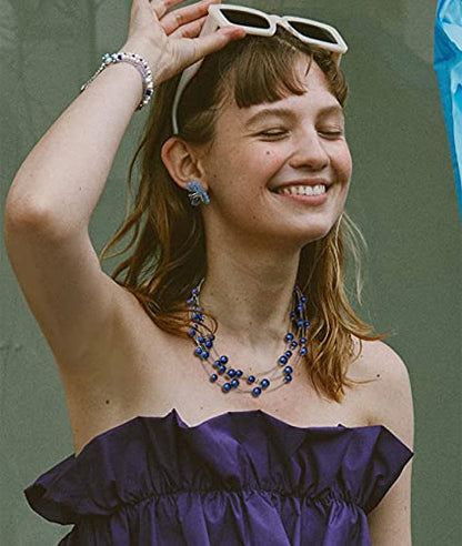 FULU AUTUMN Layered Pearl Necklace Multi-strand Pearl Choker Necklaces for Women Beaded jewelry for Wedding Parties - color: Blue