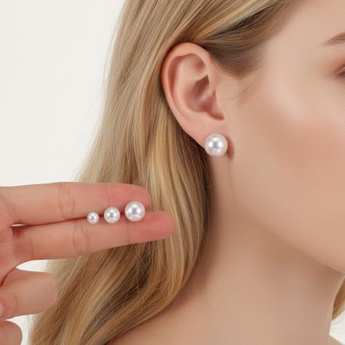 Hecila 24 Pairs Round Pearl Earrings for Women Pearl Studs Stainless Steel White Faux Pearls Earrings Elegant Bridal Simulated Pearls Stud Earring Jewelry Set for Wedding Birthday Christmas 4 Sizes