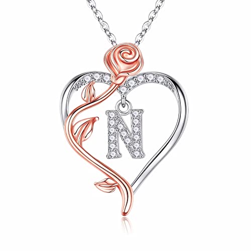 Iefil Rose Heart Initial Necklace, Anniversary Birthday Gifts for Women | Gift Box Packaging, 925 Sterling Silver, Jewelry Gift for Her Wife Mom Girlfriend, Initial A-Z, 19+2inches - color: IEFIL Jewelry Box, style: N