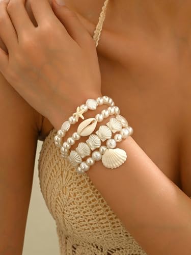 Pearl Bracelets for Women Simulated Pearl Beaded Bracelet White Pearls Stackable Stretch Bracelet Set Multilayered Elastic Pearls Bracelets for Women Bridesmaid Bridal Jewelry - color: shell