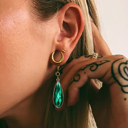 1 Pair Saddle Gauges Earring with Green Crystal Stone Ear Dangle Plugs Tunnels 00G 6mm-25mm (0G-1") Body Piercing Jewelry - color: Gold-1569, size: 10 mm