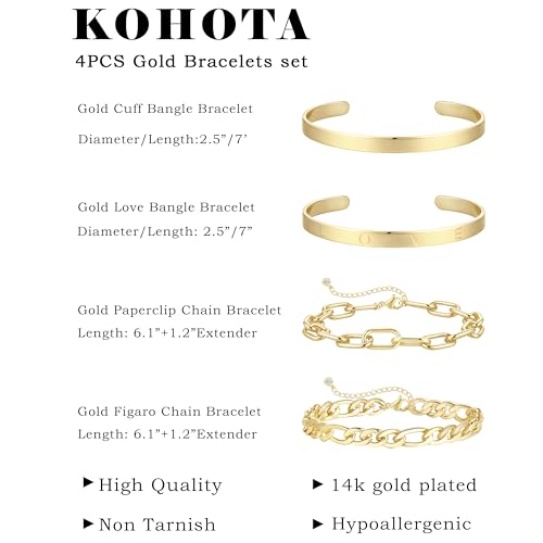 KOHOTA Chunky Gold Bracelets for Women Non Tarnish 14K Gold Plated Cuff Bracelet Stack Trendy Love Bangle Bracelets Stackable Tennis Bracelet Set Tie Knot Cuban Paperclip Figaro Chain Jewelry Gifts - color: B.Love bangle