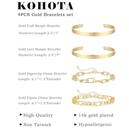 KOHOTA Chunky Gold Bracelets for Women Non Tarnish 14K Gold Plated Cuff Bracelet Stack Trendy Love Bangle Bracelets Stackable Tennis Bracelet Set Tie Knot Cuban Paperclip Figaro Chain Jewelry Gifts - color: B.Love bangle