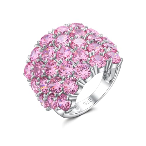 925 Sterling Silver Pave Birthstone Chunky Statement Rings for Women Men | 14K Gold Plated/Silver Large Dome Ring Birthday Cocktail Jewelry,Size 6 to 10(with Gift Box) - color: 10-Created Pink Sapphire-Oct.