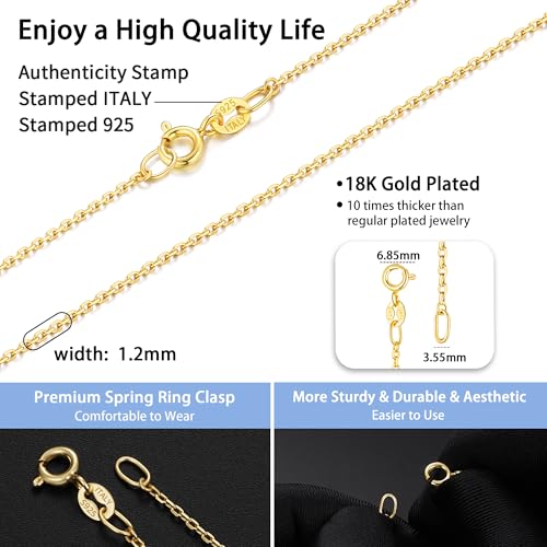 Jewlpire 18k Gold Plated 925 Sterling Silver Chain Necklace for Women, 1.2mm Cable Chain Necklace Super Sturdy & Shiny Women's Chains Necklaces 14/16/17/18/20/22/24 Inches - color: 18K Gold Plated, size: 16 Inch