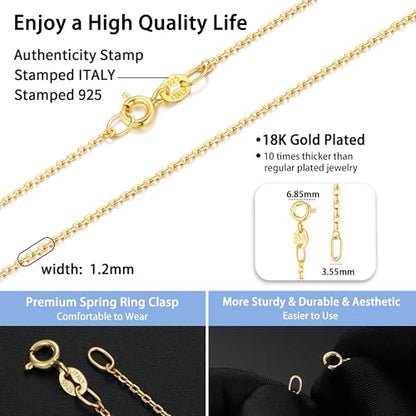 Jewlpire 18k Gold Plated 925 Sterling Silver Chain Necklace for Women, 1.2mm Cable Chain Necklace Super Sturdy & Shiny Women's Chains Necklaces 14/16/17/18/20/22/24 Inches - color: 18K Gold Plated, size: 20 Inch