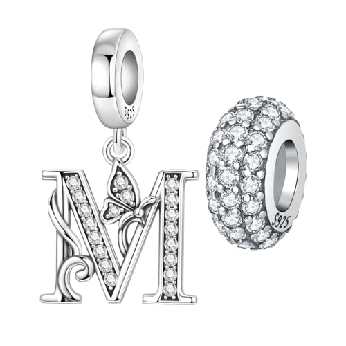 2 Pack 925 Sterling Silver Butterfly Letter Charms for Bracelets and Necklace Alphabet Initial Dangle Pendants Round Spacer Beads Pave Cubic Zirconia Jewelry Gift for Women - color: M Set