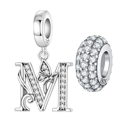 2 Pack 925 Sterling Silver Butterfly Letter Charms for Bracelets and Necklace Alphabet Initial Dangle Pendants Round Spacer Beads Pave Cubic Zirconia Jewelry Gift for Women - color: M Set
