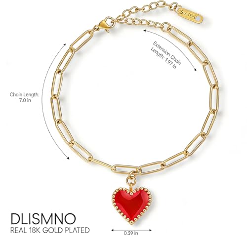 18K Gold Plated Paperclip Link Chain Bracelet with Charms, Gift with a Box - color: Red Heart