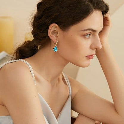 Crystals Teardrop Dangle Drop Earrings, 18K Gold Plated Hoop Earrings Zirconia Jewelry for Women Gifts - color: Blue