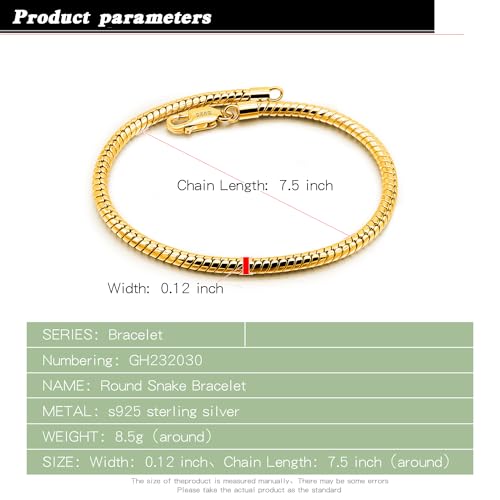 Dankadi Italy Smooth 3MM 4MM Round Snake Chain Bracelet Solid 925 Sterling Silver Men Women 6.3" 6.7" 7" 7.5" 8" 8.5" 9" 9.5" Bangle Charm Jewelry Gift - color: 3MM Gold, size: 7 inches