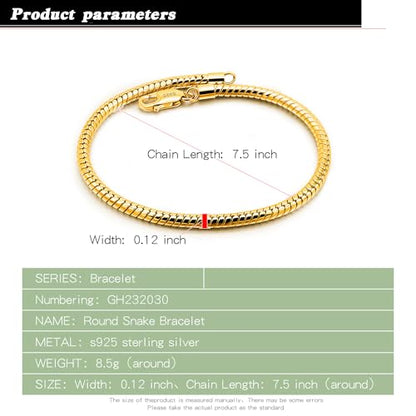 Dankadi Italy Smooth 3MM 4MM Round Snake Chain Bracelet Solid 925 Sterling Silver Men Women 6.3" 6.7" 7" 7.5" 8" 8.5" 9" 9.5" Bangle Charm Jewelry Gift - color: 3MM Gold, size: 9 inches