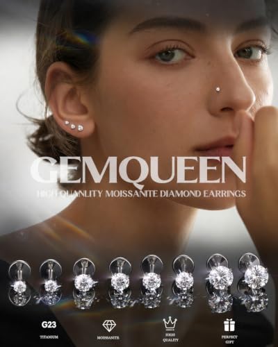GEMQUEEN 8 PCS Moissanite ＆ Implant Grade G23 Titanium Nose Studs Flat Back Earrings Hypoallergenic : 14K Gold Plated Nose Rings 20G Push in Threadless Cartilage Helix Piercing Jewelry for Women Men - color: Silver| 20G(0.8MM)-Bar-6/8MM&Moissanite-2/3/4MM